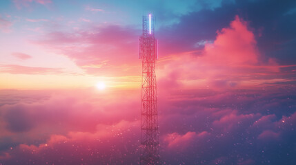 Fototapeta premium Telecommunications Mast Against Stunning Sunset Sky 