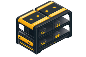 a black and yellow computer shelf