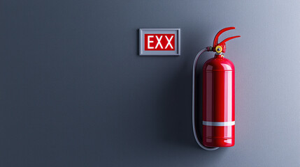 Obraz premium Red fire extinguisher mounted on a gray wall with an emergency sign, essential for fire safety and prevention measures.