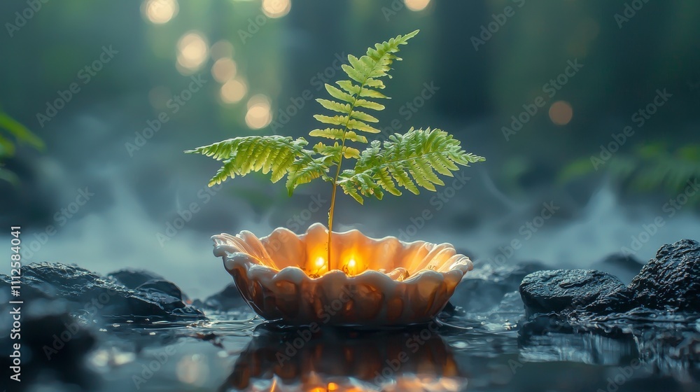 Poster a delicate fern sprouts from a glowing shell, surrounded by mist and stones, creating a serene, ench