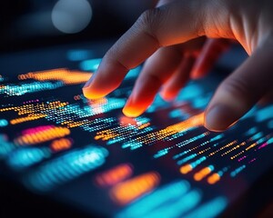 Naklejka premium Closeup of a scientist analyzing a digital DNA sequence on a touchscreen, modern genetic research