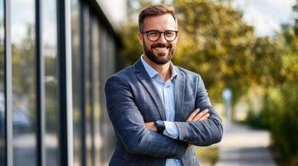 Confident businessman standing outdoors near modern architecture, smiling broadly, showcasing professional attire and positive demeanor in a vibrant urban environment