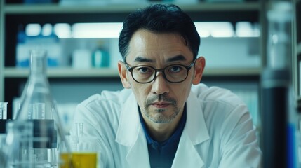 Japanese professor in modern lab, conducting experiments with cutting-edge technology, focused expression, surrounded by advanced equipment, bright lighting, deep concentration, clean, minimalist