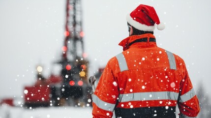 A worker in an orange jacket and Santa hat stands in the snow, overlooking a drilling rig decorated with festive lights.