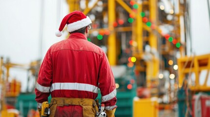 A worker in a red outfit and Santa hat stands in front of a brightly decorated drilling rig, blending holiday spirit with industrial work.