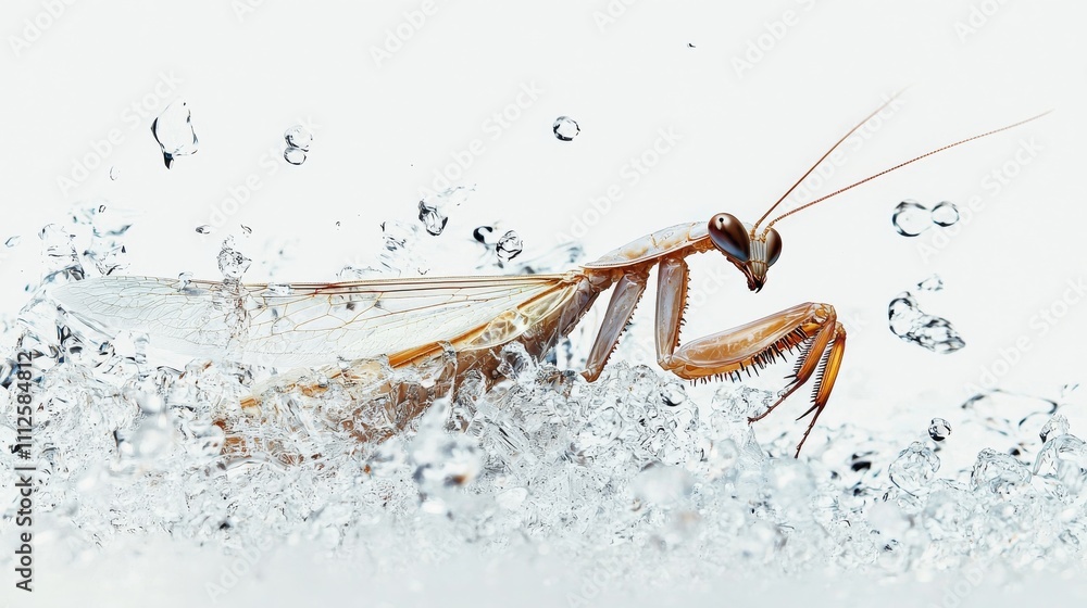 Poster a close-up of a mantis emerging from bubbles, showcasing intricate details and textures against a li