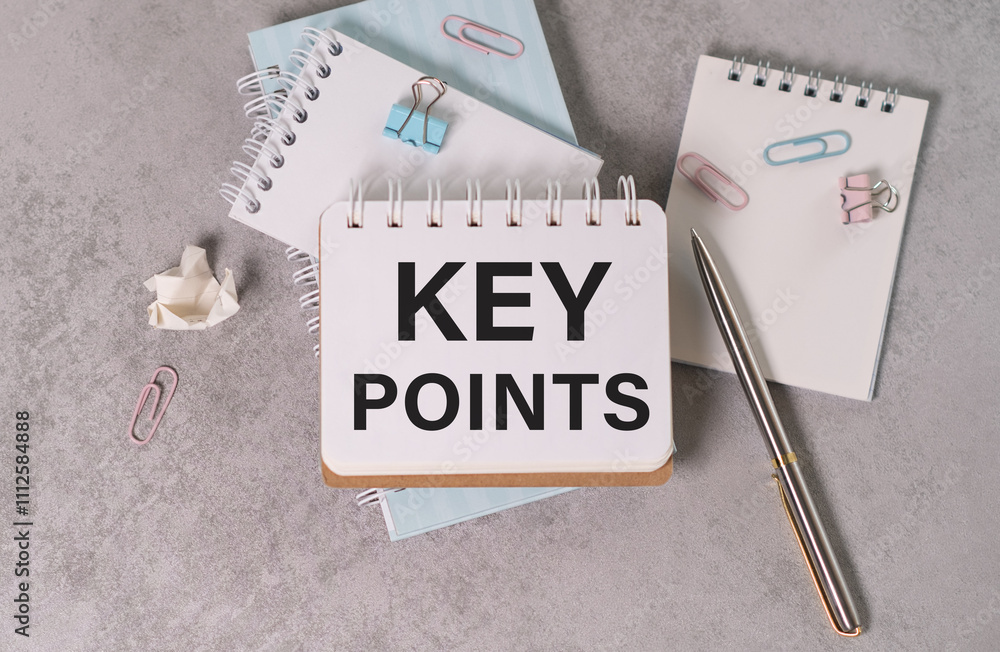 Poster text key points on short note grey background with pen