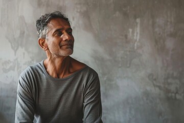 Portrait of a blissful indian man in his 40s sporting a long-sleeved thermal undershirt isolated in modern minimalist interior