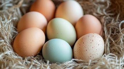 Various pastel-colored eggs in a natural nest setting, with soft textures and delicate tones, symbolizing spring and Easter celebrations
