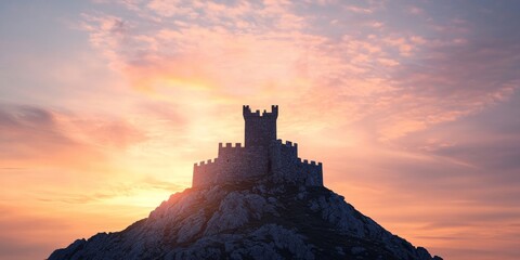 Obraz premium A majestic castle stands atop a rocky hill, silhouetted against a vibrant sunset sky with wispy clouds.