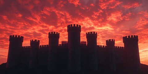 Fototapeta premium A silhouetted castle against a dramatic sunset sky filled with vibrant reds and oranges.