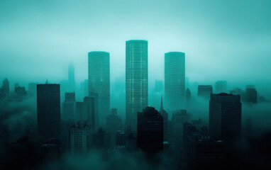 glowing dystopian cityscape with eerie radiant towers shrouded in mist, creating mysterious and atmospheric scene