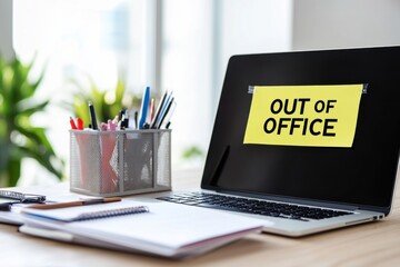 Modern Office Workspace with Out-of-Office Sign on Laptop