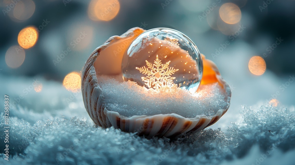 Poster a delicate snow globe sits in a seashell, surrounded by soft snow, with a glowing snowflake inside, 
