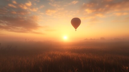 Hot air balloon silhouetted against a vibrant sunrise over a misty golden field.