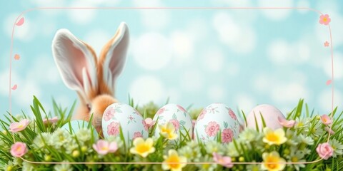 A Colorful Nest of Easter Eggs Nestled in a Bed of Blossoms with a Bunny's Ears Peeking Out Behind the Scene
