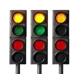 
Trio of vertical traffic lights displaying red, yellow, and green signals on isolated transparent background [PNG]


