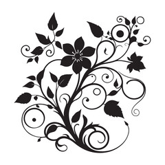 Black and white silhouette of a flower with intricate swirling vines and leaves