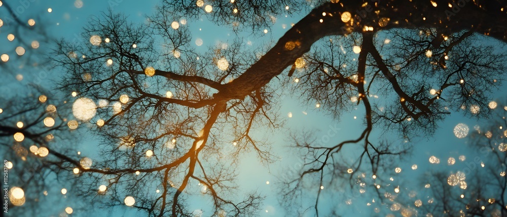Poster enchanting atmosphere of dappled light and twinkling orbs with bare tree branches silhouetted agains