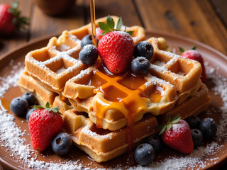 Golden Liege waffles topped with fresh fruit and maple syrup on a rustic wooden table