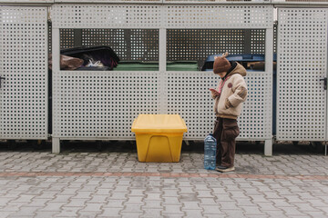 Generation Alpha and Zero waste. Girl throws household garbage into trash cans. Parents helping to collect and separate garbage, focusing on plastic waste management. Part of a series