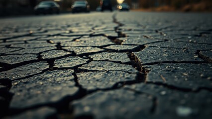 Obraz premium A close-up view of a cracked asphalt road surface, showcasing the intricate network of fissures and the texture of the worn-out pavement.