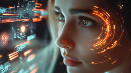 Woman engaging with a futuristic HUD interface, utilizing machine learning, tech-driven business strategy, innovation tools