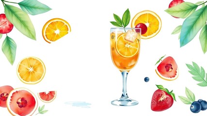 Watercolor illustration of a refreshing alcoholic cocktail with colorful fruit garnish on a white background, celebration, alcoholic, drink