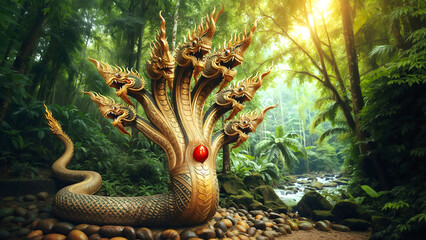 serpent, Thai Naga, 7 headed king Naga in the forest.