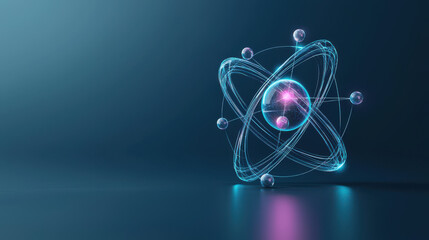 futuristic minimalist atom icon with glowing nucleus and orbiting electrons on dark background, symbolizing science and technology