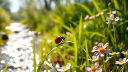 A ladybug climbs a blade of grass, the sunlight reflecting off a nearby stream, delicate pink wildflowers bloom in the foreground