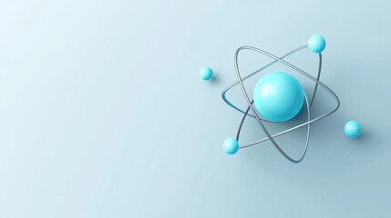 futuristic minimalist atom icon with glowing nucleus and orbiting electrons on light blue background, symbolizing science and technology