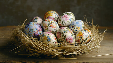 Obraz premium Photo of festive colorful Easter eggs in a nest of hay, eggs painted with flowers, dots and patterns, soft pastel colors
