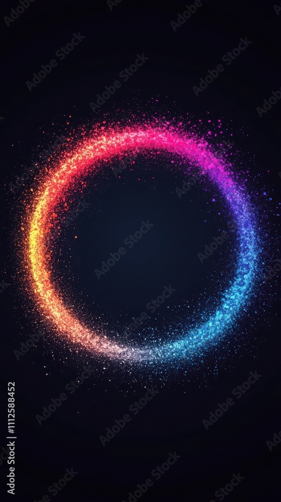 Poster a vibrant circular gradient of colors, blending from pink to orange to blue, set against a dark back