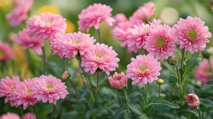 Delicate Pink Chrysanthemum Flowers Blooming in Spring Garden