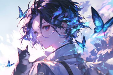 A serene character with flowing hair, accompanied by a cat and surrounded by butterflies.