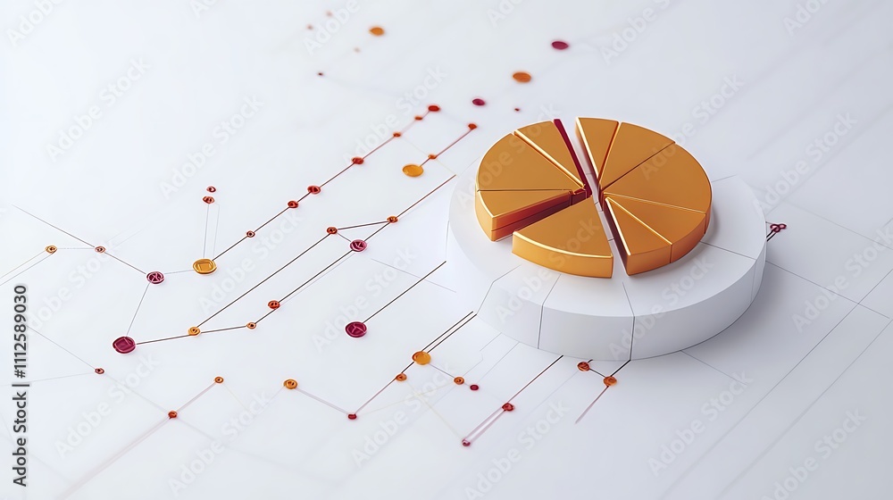 Poster golden pie chart on white background with connecting lines and dots