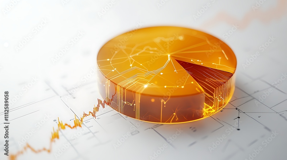 Poster illuminated 3d pie chart with embedded data and graph on white background