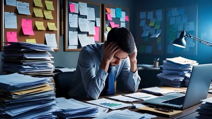 Overwhelmed Office Worker Surrounded by Papers and Sticky Notes at Desk

