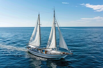 Fototapeta premium A sailboat sailing in the open ocean with blue waters and white foam, suitable for travel or adventure concepts