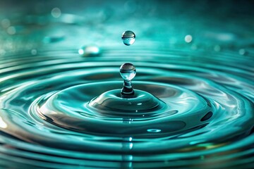Water droplets gently falling onto a teal-colored stone, creating a ripple effect on the background, dripping, stone, water, reflection, peaceful