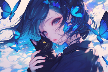 Naklejka premium A girl with black hair holds a black cat, surrounded by blue butterflies in a dreamy landscape.