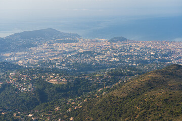 View from the Alps to the city of Nice on the Mediterranean coast. Photo taken on a summer day.