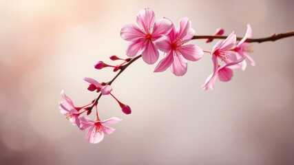 Obraz premium Delicate pink cherry blossoms on a twig against a soft, blurred background, showcasing the beauty of nature in full bloom.