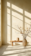 serene interior scene with wooden bench, vase, and branches