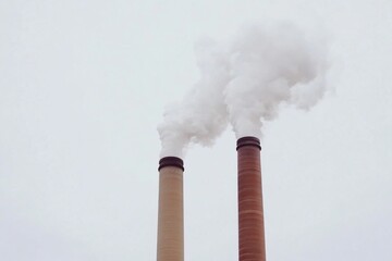 "Overcast Day: Industrial Smokestacks Emit White Plume"