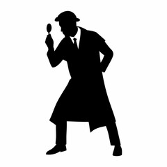 Detective with magnifying glass. Flat image