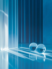Abstract minimalist design with glass spheres on a glossy blue surface, emphasizing elegance, light, and symmetry.