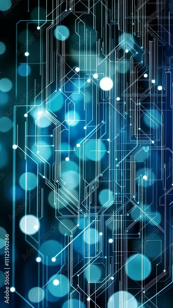 Poster abstract representation of digital technology with glowing circuits and blue bokeh lights during eve