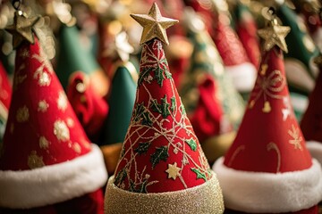 A collection of festive Christmas hats adorned with stars, great for holiday scenes or decorations